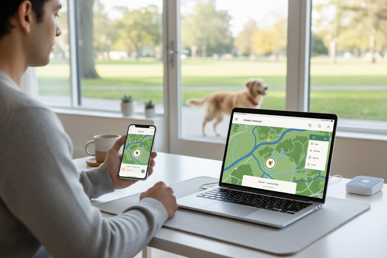 immagine che mi descriva il fatto che seguo in tempo reale i movimenti del mio cane attraverso il mio smartphone o il mio laptop